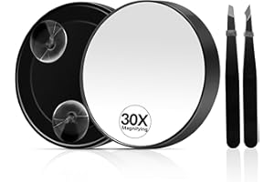 MIYADIVA 30X Magnifying Mirror, Magnifying Mirror Suction Cup, Travel Makeup Mirrors with Precise Tweezers, Compact Mirrors for The Removal of Female Facial Hair, 3.5 Inches (Black)