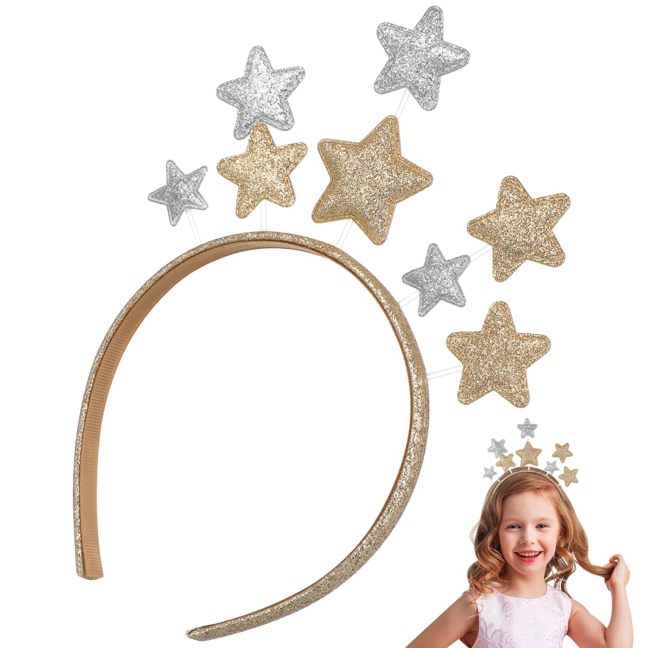 Lurrose 2pcs Star Headbands Kids Glitter Star Headband Christmas Pentagram Hairband Golden Elastic Headwear for New Year Party Festival
