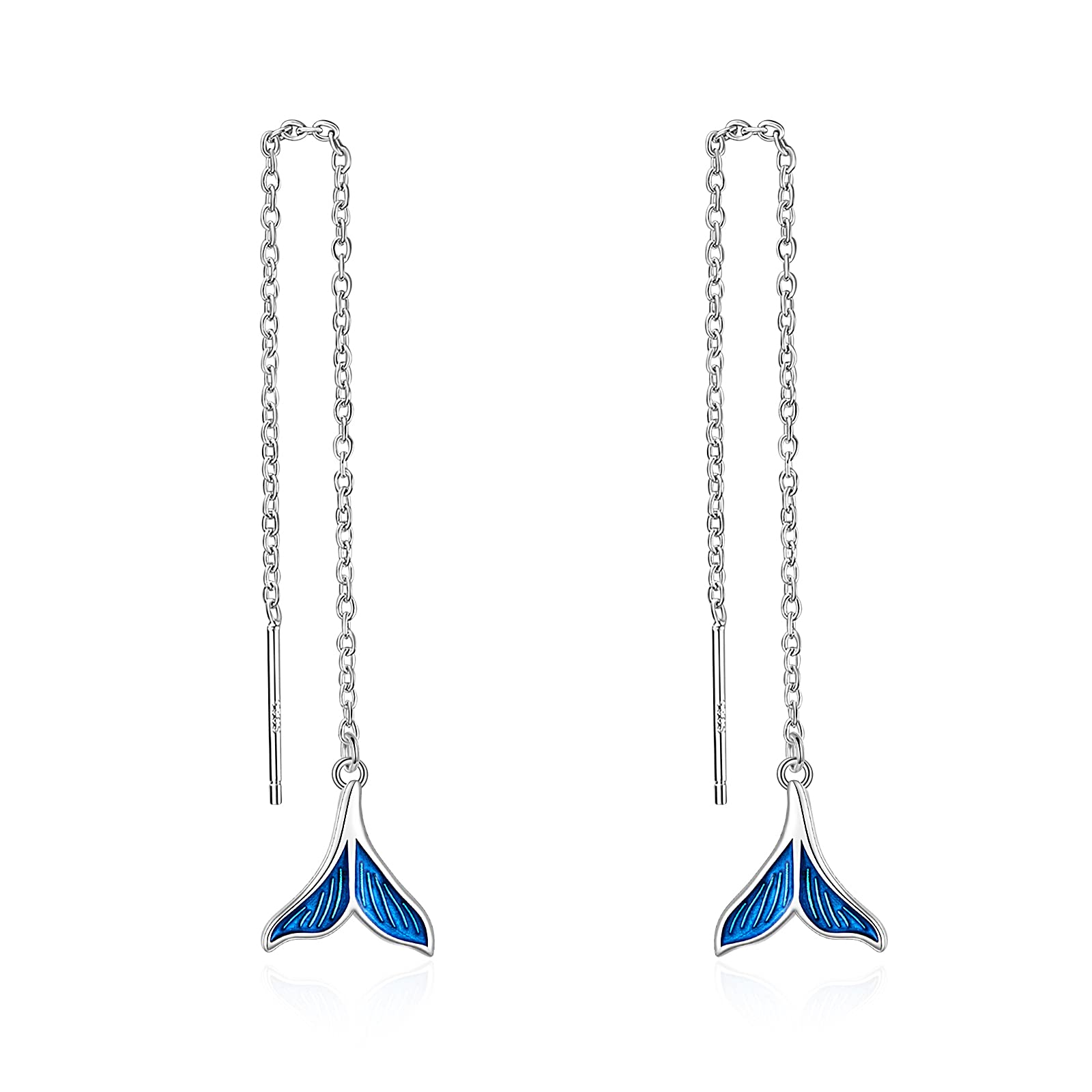 Mermaid Tail Threader Earrings for Women Sterling Silver Through Long Chains Blue Mermaid Dangle Drop Earrings Jewellery Gifts for Women Teens