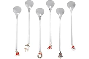 6pcs Christmas Stirring Spoons, 6 Style Stainless Steel Christmas Tea Coffee Spoons with Kawaii Santa Claus Xmas Tree Bell Wr
