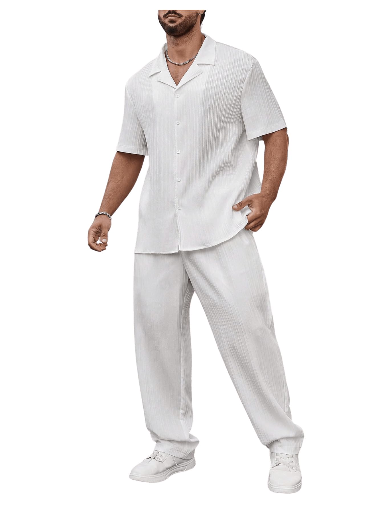 Photo 1 of *** PARTIAL SET, BOTTOM PIECE ONLY *** SOLY HUX Men's Plus Size 2 Piece Outfits Summer Short Sleeve Button Down Shirt and Pants Set Plain White 2xl?