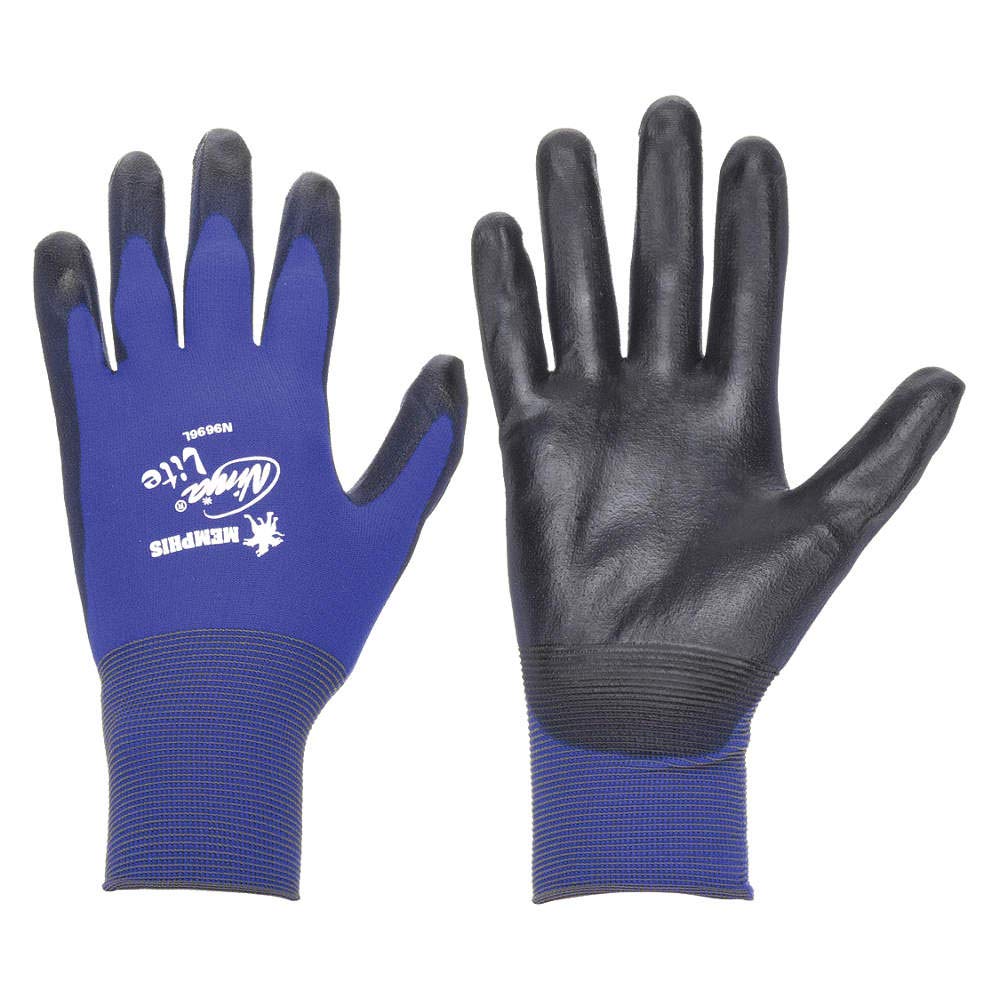 Memphis Medium Ninja Lite 18 Gauge Black Polyurethane Palm And Fingertip Coated Work Gloves With Feather Light Blue Nylon Liner And Knit Wrist