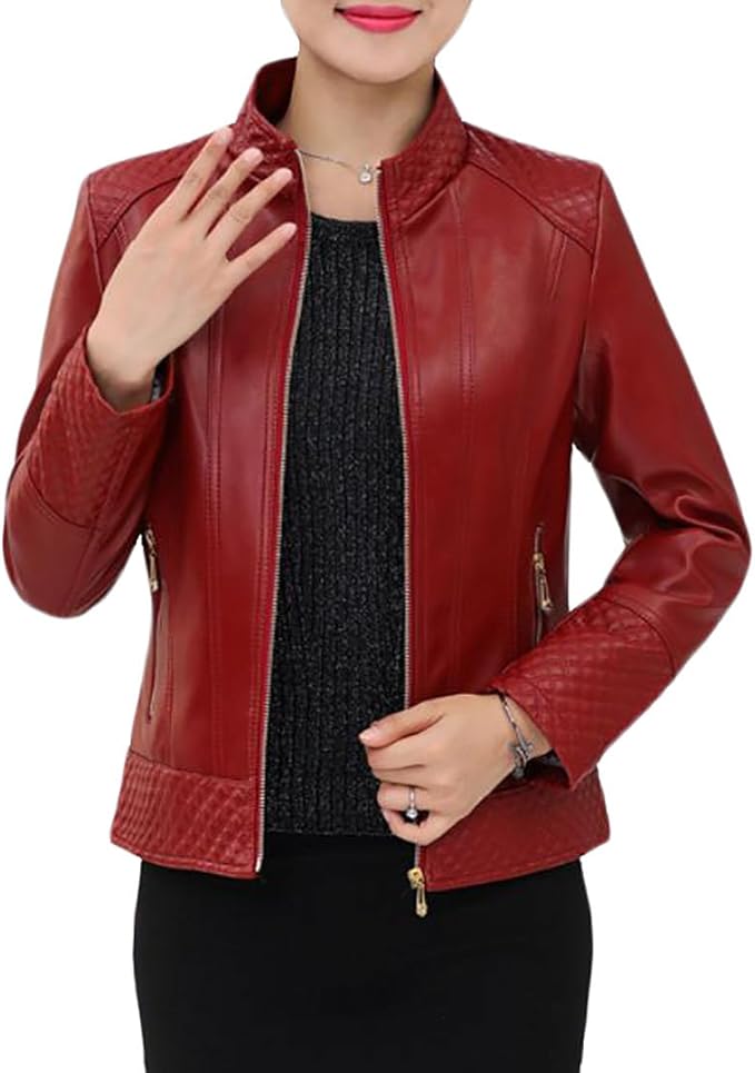 YUNY Womens Casual Zip Up Stand Collar FauxLeather Motorcycle Jacket Red Large Amazon.ca