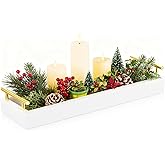 Hanobe Long Tray for Table Centerpiece: Decorative Narrow Trays Wooden Candle Holder - Centerpiece Tray with Handles for Home Decor Dining Table Coffee Bar Living Room,White