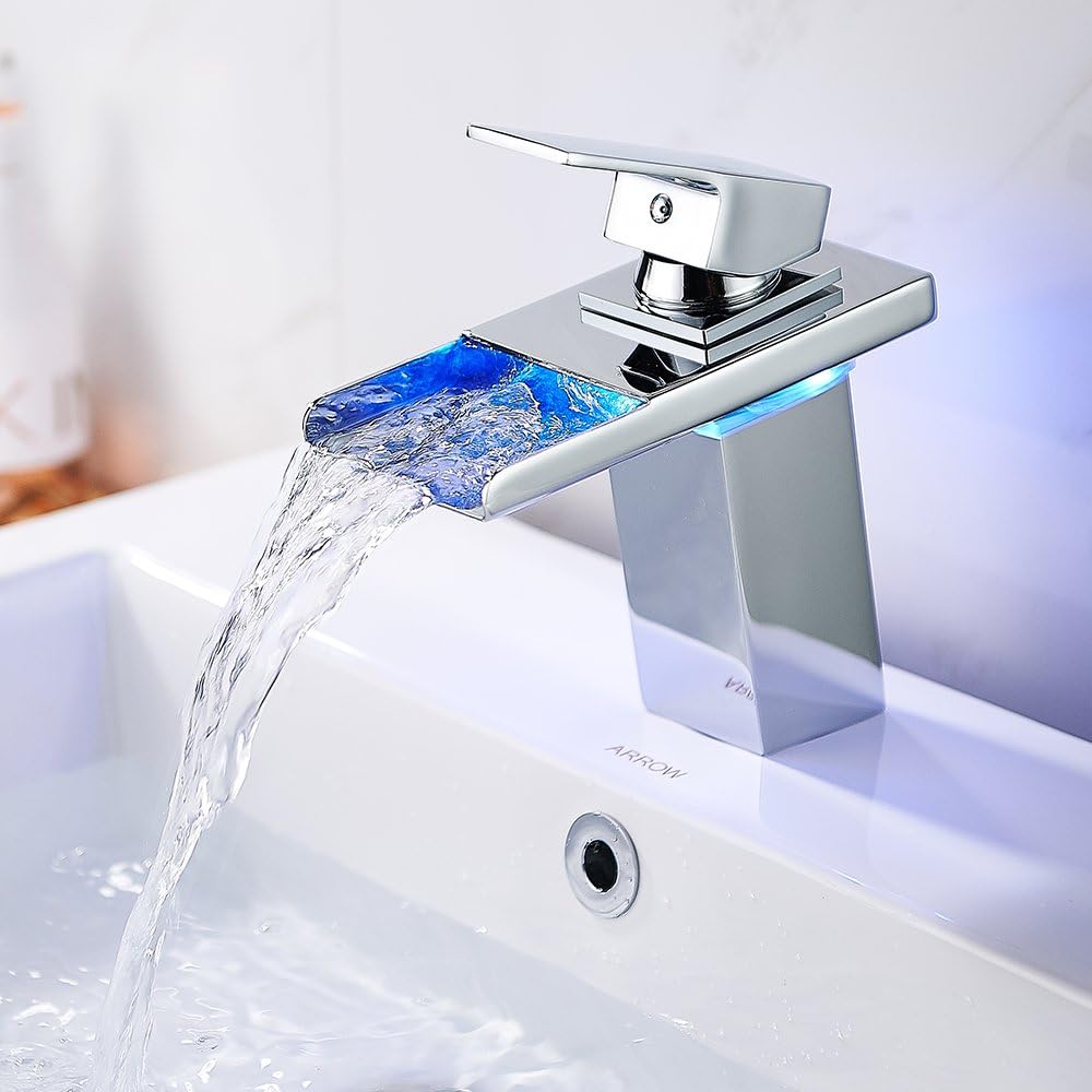 Fannybuy Led Bathroom Faucet Waterfall Color Changing Chrome