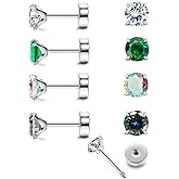 4 Pairs Titanium Earrings for Women Men,G23 Pure Titanium Earrings for Sensitive Ears CZ Flat Back Stud Earrings Hypoallergenic Piercing Sleeper Cartilage Studs