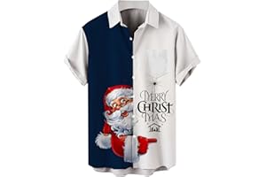 Men Christmas Santa Claus Elk Hawaiian Shirt Vintage Christmas Shirts Big and Tall Shirt Button Down Tops for Vacation
