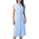 Allegra K Sleeveless Dress for Women's Collared Button Down Belted Waist Midi Work Dresses