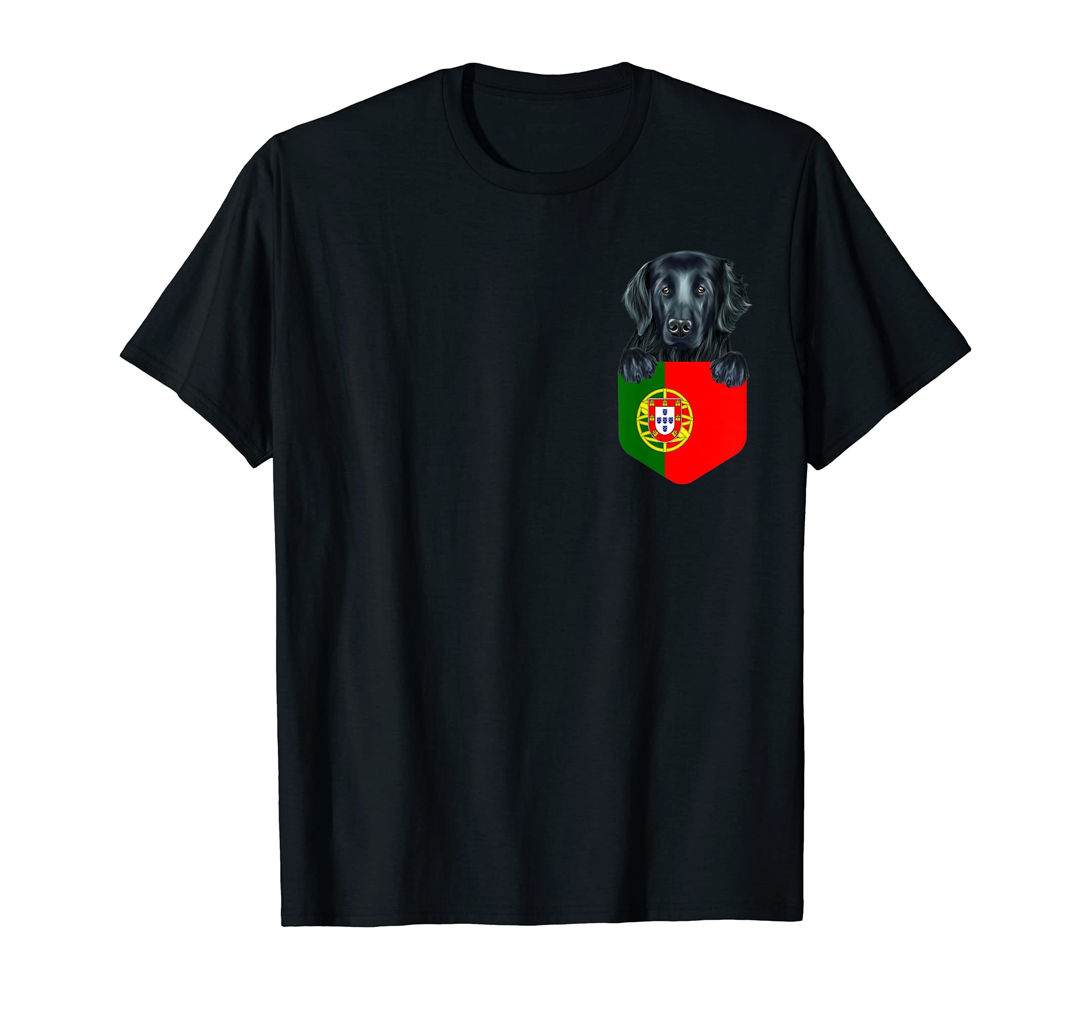 Portugal Flag Flat-Coated Retriever Dog In Pocket T-Shirt