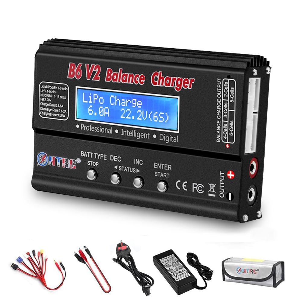 Lipo Balance Charter, 1S-6S Digital Disharger Battery Charter 80W 6a for Li-ion Life Nicd NiMh Lihv PB Smart Akku, Dekan plug + power supply