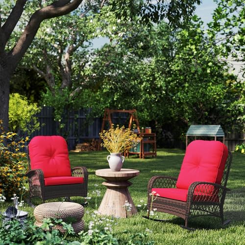 Outsunny Rattan Rocking Chair Set of 2, Outdoor Wicker Patio Rocker Chair Furniture with Thick Cushions, for Garden Backyard Porch, Red