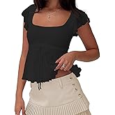 FOMOYUU Women Y2k Square Neck Lace Top Flying Sleeve Ruffle Babydoll Blouse Summer Flared Hem Going Out Crop Tank Top (Black, L)