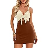 oten Women's Sexy Cut Out Tie Front Bodycon Adjustable Spaghetti Straps Ribbed Party Club Mini Dresses