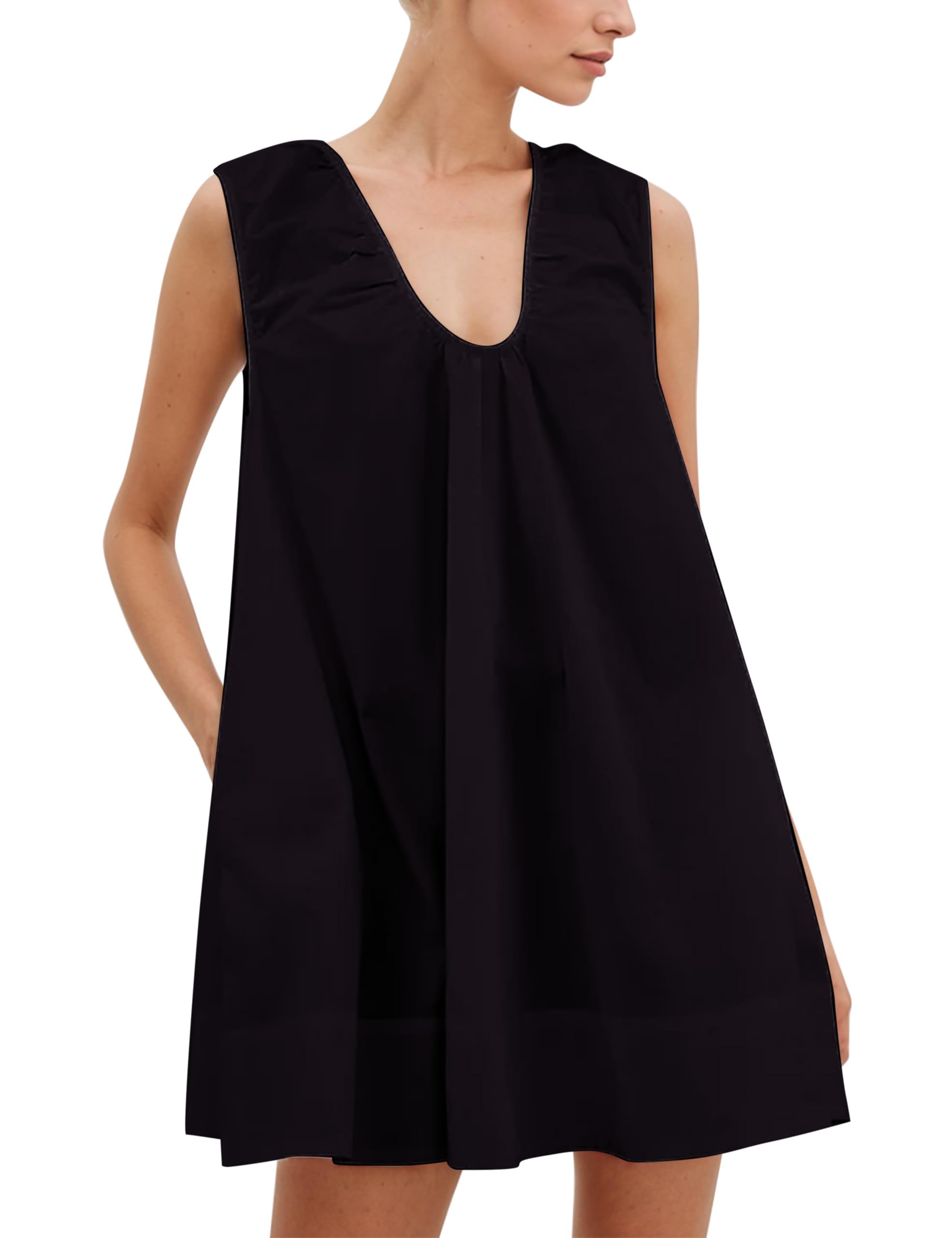 Photo 1 of Ardrem Women Summer Sleeveless Babydoll Mini Dress Scoop Neck Loose Fit Tank Dresses Party Ruched Short Dress witn Pockets Black