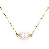 14K Solid Gold Pearl Necklace for Women, Delicate 9mm Cultured Freshwater Pearl Choker Pendant Necklace Anniversary Birthday Jewelry Gift for Mom, Wife 16"-18"