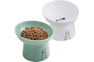OMAYKEY 6.5 Inch Extra Wide Elevated Cat Bowls, Ceramic Raised Tilted Cat Bowl for Food and Water, Porcelain Pet Feeder Dishes for Cats & Dogs, Whisker Fatigue, White & Green