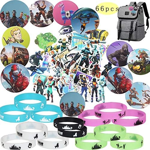 Vedio Game Party Supplies 66pcs with Bracelets Kids Birthday Party Favors - GLOW IN THE DARK 14 Badge Pins 12 Set of 40 Stickers Variety Waterproof Car Bicycle Luggage Computer Stickers Kids Adults