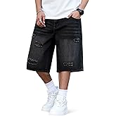 Heyfanee Mens Baggy Jean Shorts Ripped Loose Fit Long Denim Shorts Below Knee 14 Inch Inseam