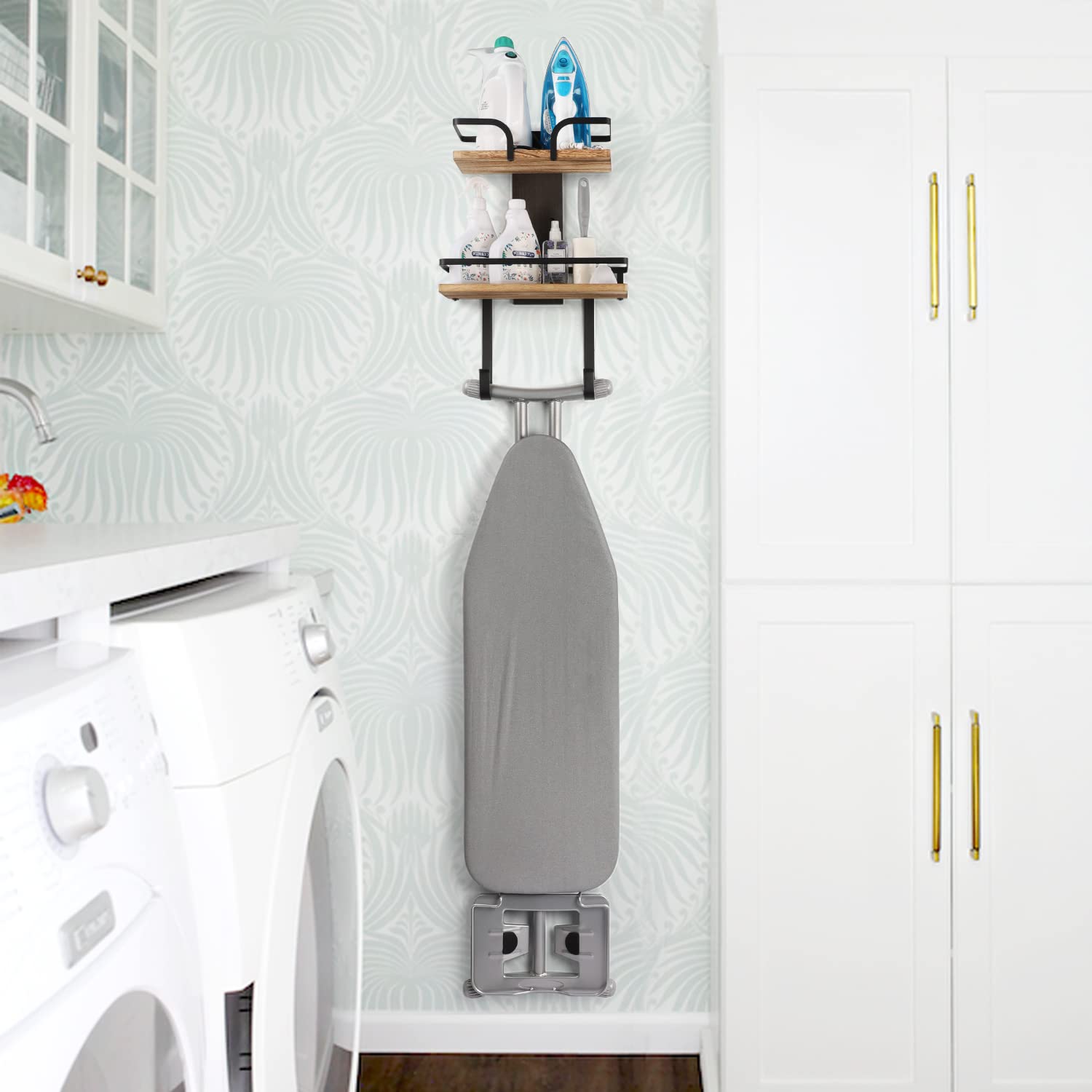 VINAEMO Ironing Board Hanger Wall Mount, 2-Layer Iron and Ironing Board Holder, Laundry Room Shelves Solid Wood with Removable Hooks Home Organization and Storage