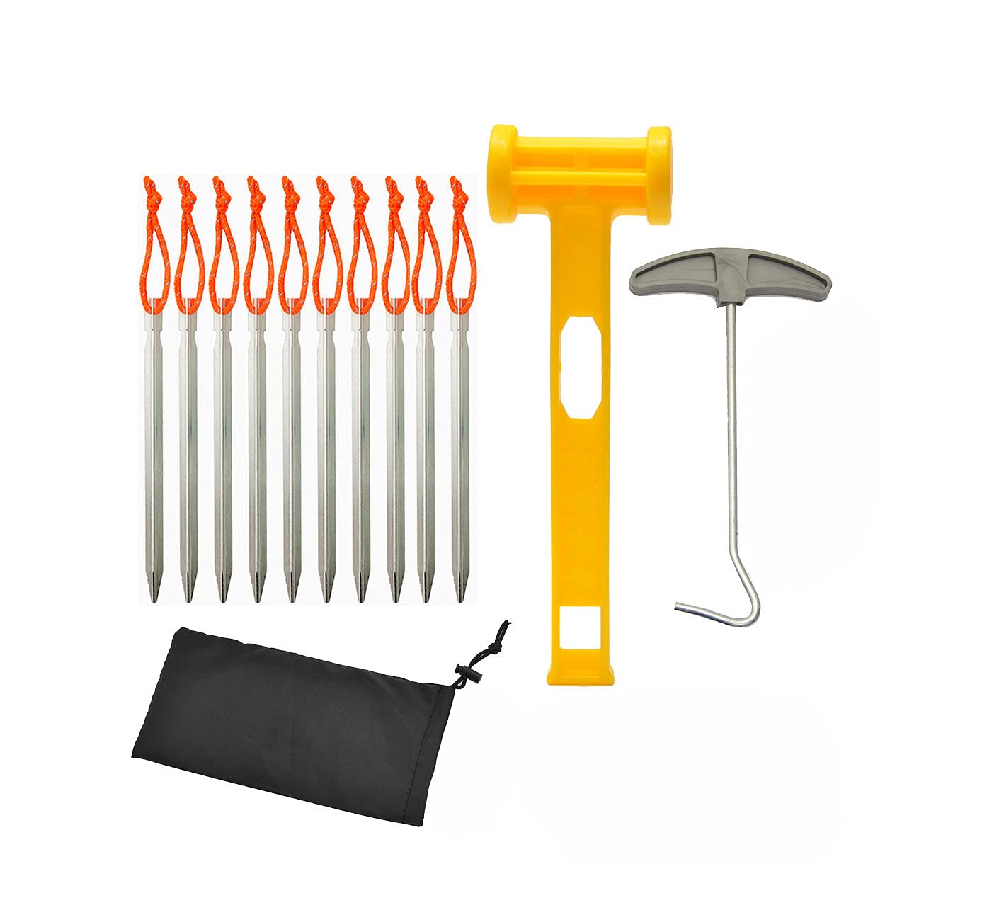 Tiardey 10Pcs Aluminum Lightweight Tent Stakes Set, Camping Tent Stakes Accessories Kit,Tent Stakes, Plastic Hammer, Nail Puller with Bag for Easy Camping - Silver
