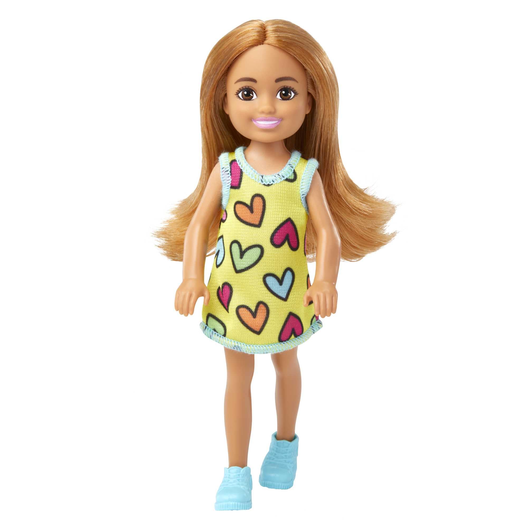 Barbie Chelsea Doll, Small Doll Wearing Removable Heart-Print Dress and Shoes, Brunette Hair & Brown Eyes, HNY57