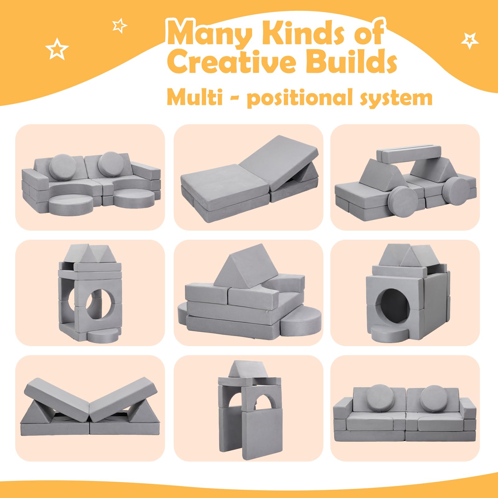 JungleDove 16Pcs Soft Play Blocks for Toddlers & Kids, Foam Climbing & Crawling Toys for Boys & Girls Aged 3+, Corner Climber Nugget Play Couch, Grey