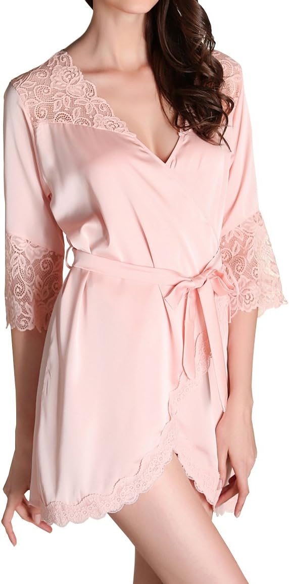 ZHENWEI Womens Satin Short Robes Lace Trim Kimono Soft Sleepwear Comfy Lounge Bathrobes