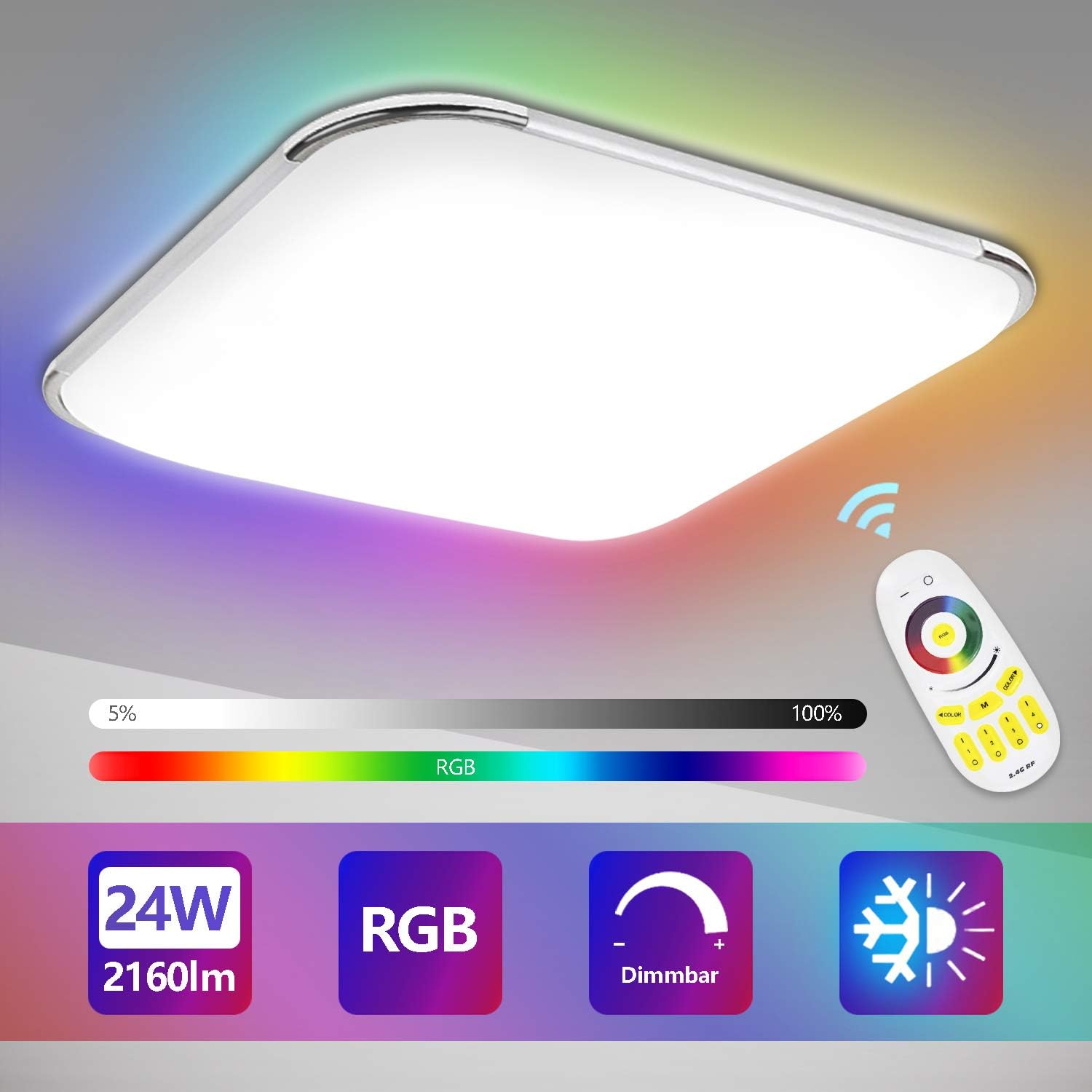 Hengda 24W LED Deckenleuchte, Dimmbar, RGB Farbwechsel, Farbtemperatur