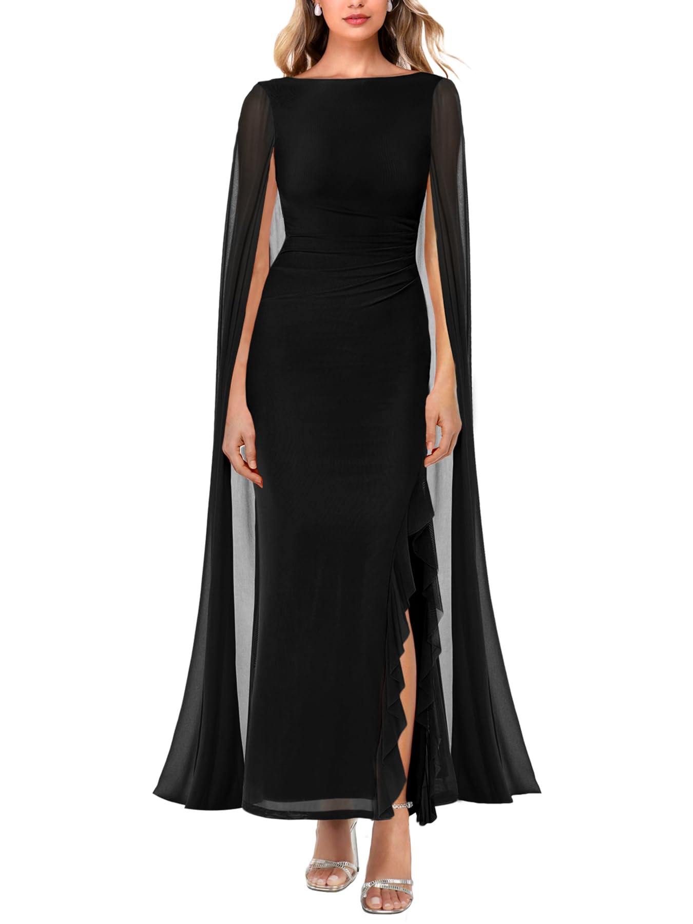 Photo 1 of Lrady Women's Formal Evening Gowns High Split Ruffle Wedding Guest Cape Sleeve Cocktail Party Maxi Dresses, Black, X-Large