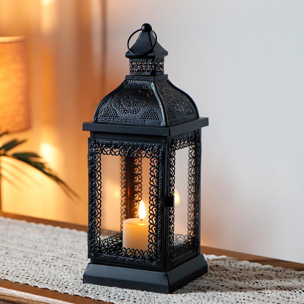 TRIROCKS Rustic Style Metal Candle Lantern Decorative Hanging Candlestick Holder with Tempered Glass for Christmas Living Room Garden Yard Patio Parties Events Indoors Outdoors(Black)