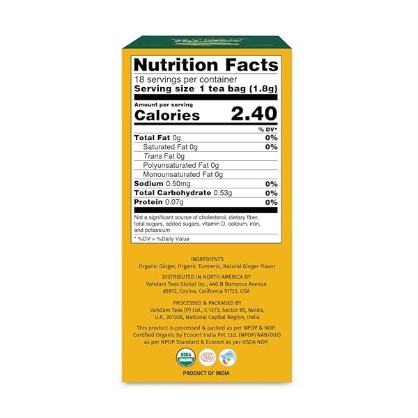 VAHDAM, ORGANIC TURMERIC GINGER HERBAL TEA BAGS (18 COUNT) CAFFEINE FREE, GLUTEN FREE | 100% PURE HERBAL BLEND – EARTHY & SAVORY | ECO-FRIENDLY INDIVIDUALLY WRAPPED TEA BAGS | DIRECT FROM SOURCE