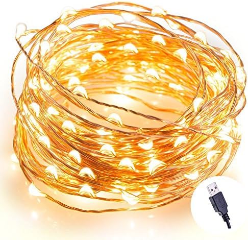 Wire Christmas String Lights,Waterproof 33ft/10m LEDs Flexible Copper Wire Light,Dimmable Firefly Lights with UL Certified for Indoor Outdoor Christmas Trees,Wedding,Party - Warm White (USB)