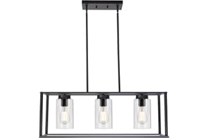 VINLUZ Contemporary Chandeliers Black 3 Light Modern Dining Room Lighting Fixtures Hanging, Kitchen Island Cage Linear Pendant Lights Farmhouse Flush Mount Ceiling Light with Glass Shade