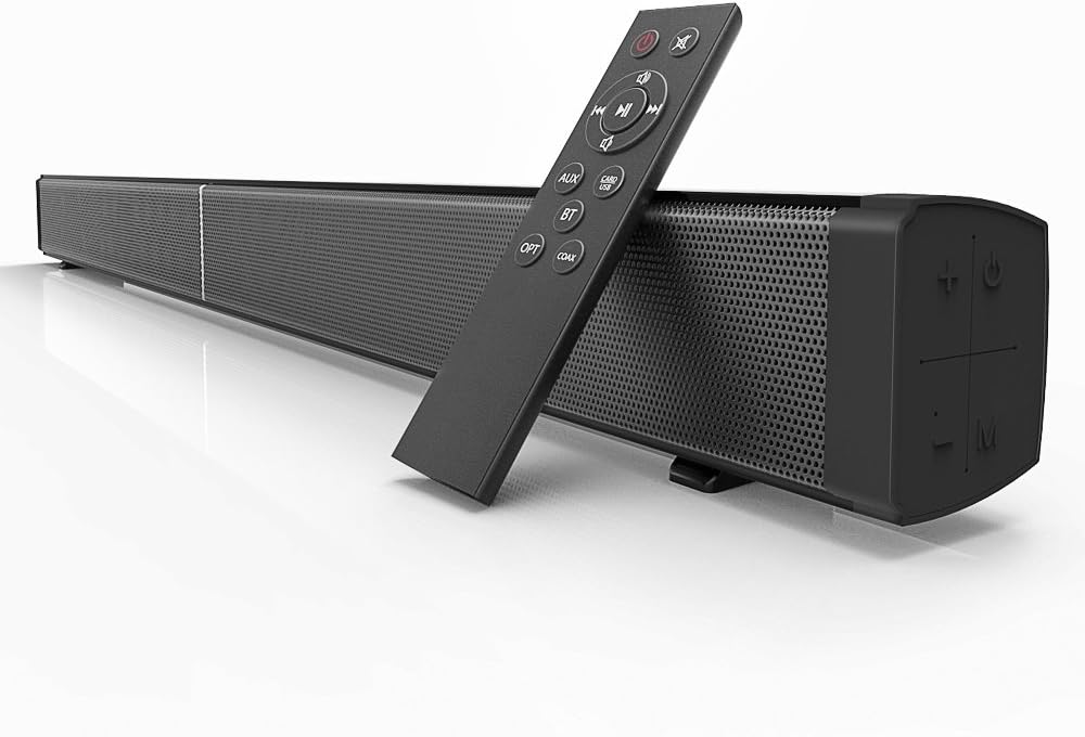 Soundbar, Jumphigh 32-Inch 2.0 Channel Sound Bars for TV Wireless Bluetooth Speaker Home Audio Sound Bar, 4 Speakers Strong Bass, Optical Coaxial AUX USB and TF Card, Wall Mountable, Remote Control