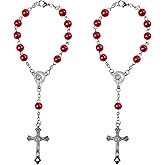 NYTKL 2PCS Car Rosary for Rearview Mirror, Personalized Auto Mirror Decor Rosary & Cross Pendant, Religious Cross Medal Blessing Beads, Interior Rear View Mirrors Charm Auto Decor (Red)