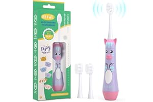 NELL&WELL Kids Electric Toothbrush, 2-Min Timer, 3 Modes with Memory, IPX 7 Waterproof, Battery Powered Kids Toothbrush with 3 Soft Bristles Heads for Children Boys and Girls Ages 3+