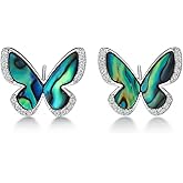 French Butterfly Stud Earrings for Women, 925 Sterling Silver with Natural Abalone Shell, Unique Black Hypoallergenic Earrings Jewelry Gift