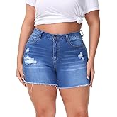 Gocolloa Women Plus Size Jean Shorts Stretchy High Waisted Frayed Raw Hem Denim Shorts 5.5" Inseam