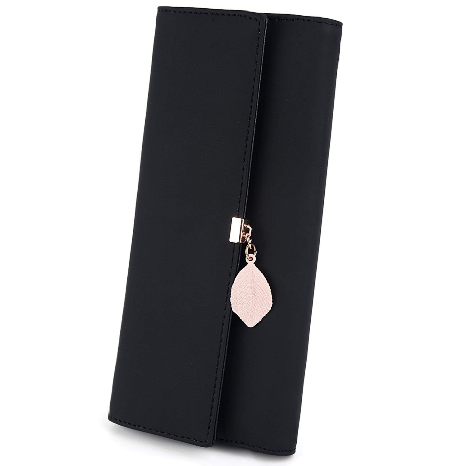 UTO Purses for Women RFID Blocking Ladies Long Wallet Leaf Pendant Zipper Coin Pocket Multi Card Slots Faux Leather Black — image 1