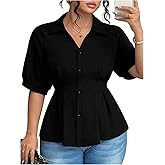 SOLY HUX Women's Plus Size Button Down Shirts Collared V Neck Puff Half Sleeve Peplum Casual Work Blouse Tops