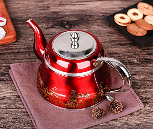 Red Tea Pot with Infuser Loose Tea for Stovetop Stainless Steel Coffee Kettle 8 Cup Quick Boil Sturdy Teapot Hot Water Mirror Finish 2 Liter/2.1 Quart 68 Ounce by Onlycooker - Thumbnail 3