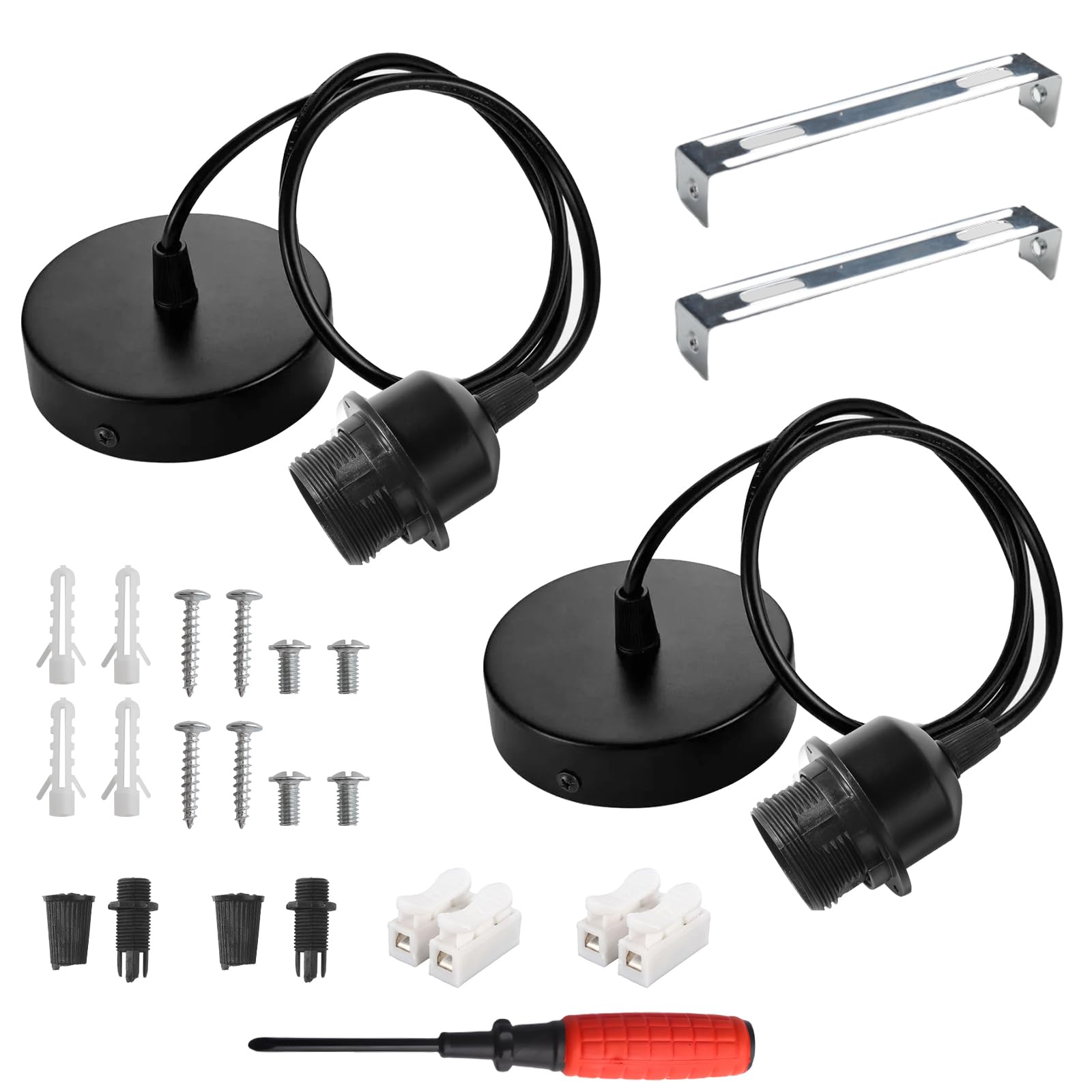 2 Pack Metal E27 Pendant Light Fitting Ceiling Rose E27 Screw Lamp Holder with Lock Ring for Shade 150cm Braided Flexible Cable Modern Industrial Ceiling Pendant Fitting for Kitchen,Restaurant(Black)