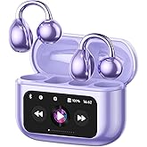 Piluyaa Clip-on Earbuds, Open Ear Earbuds with LCD Touchscreen Wireless Bluetooth 5.4, Lightweight M100 Open Ear Headphones with C-Shaped Bridge, Slim Hook,48H Battery, for Sports, Fitness (Purple)