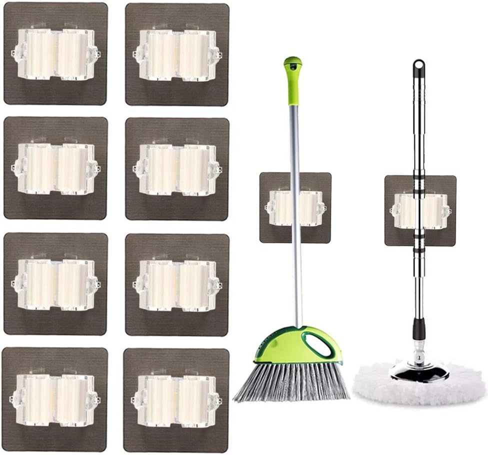 Mop Broom Holder, 8 Pack Heavy Duty Self Adhesive Mop Wall Mounted Garage Tool Storage Rack Organizer Hanger hook Broom Gripper Holds for Home Kitchen Bathroom Closet Office Garden, No Drilling(White)