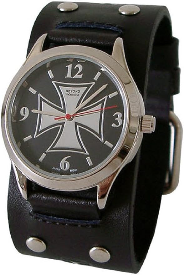 Beyond Round Men's Iron Cross Watch Black Studded Genuine
