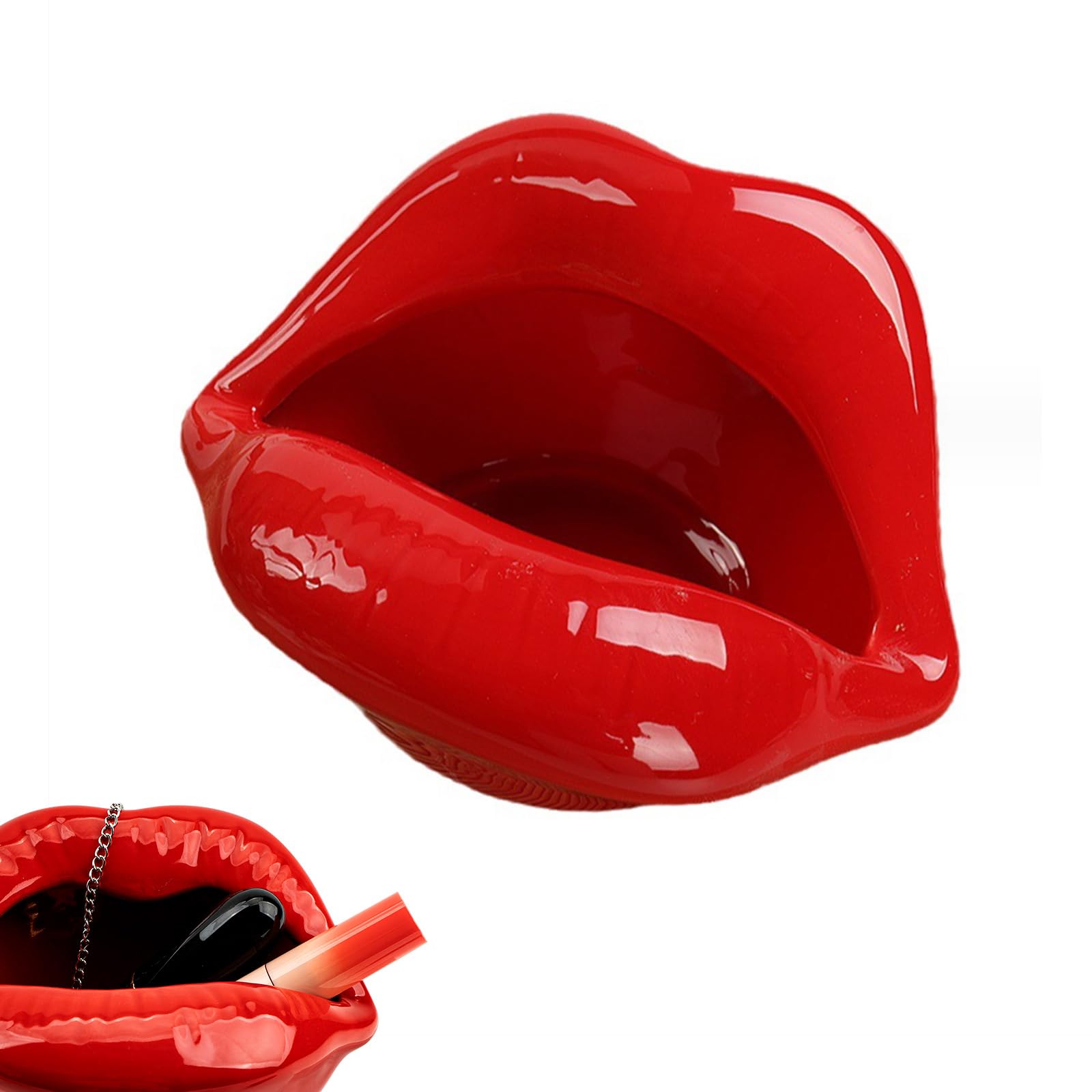 CAIRIAC Ceramic Red Lips Lipstick Ring Holder, Lip ceramic holder, Suitable for Storing Cosmetics, Hair Clips, Jewelry as Gifts for Women, Birthdays, and Valentine's Day (Dark Red)