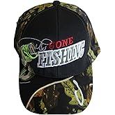 Gone Fishing Baseball Cap with Embroidered Logo, Camouflage Pattern, Velcro Adjustable Closure, Vintage Retro Style