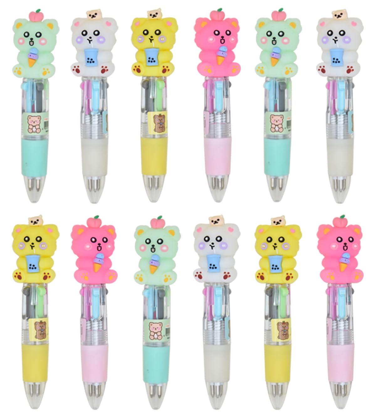 Ranvi 12 Cute Bear Ballpoint Pens, 4 in 1 Retractable Multicolor Ballpoint Pens,for Office School Household Supplies
