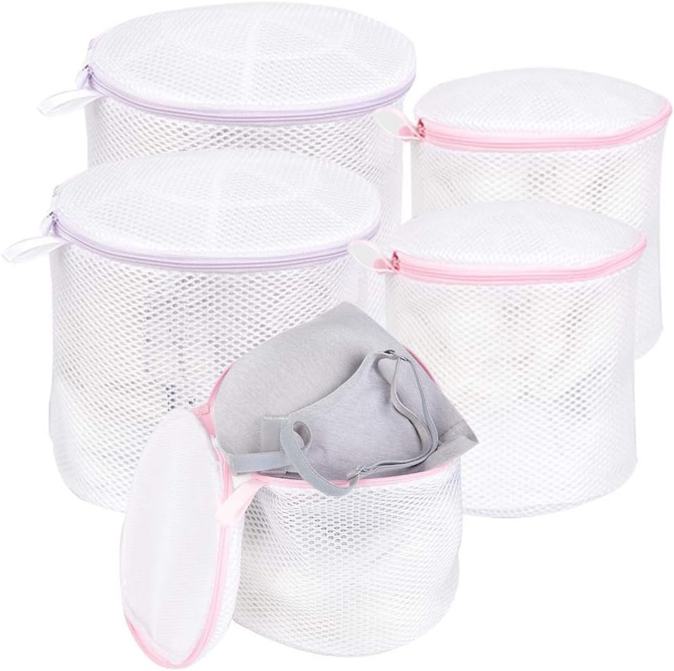 Wanapure Bra Wash Bag, Mesh Laundry Bag with Zipper for Lingerie, Delicates, Intimates, Panties, Lace, Underwear, Socks, Tights, Stocking, Washing Machine (Pink & Purple, 5 Pack (3 Regular & 2 Large))