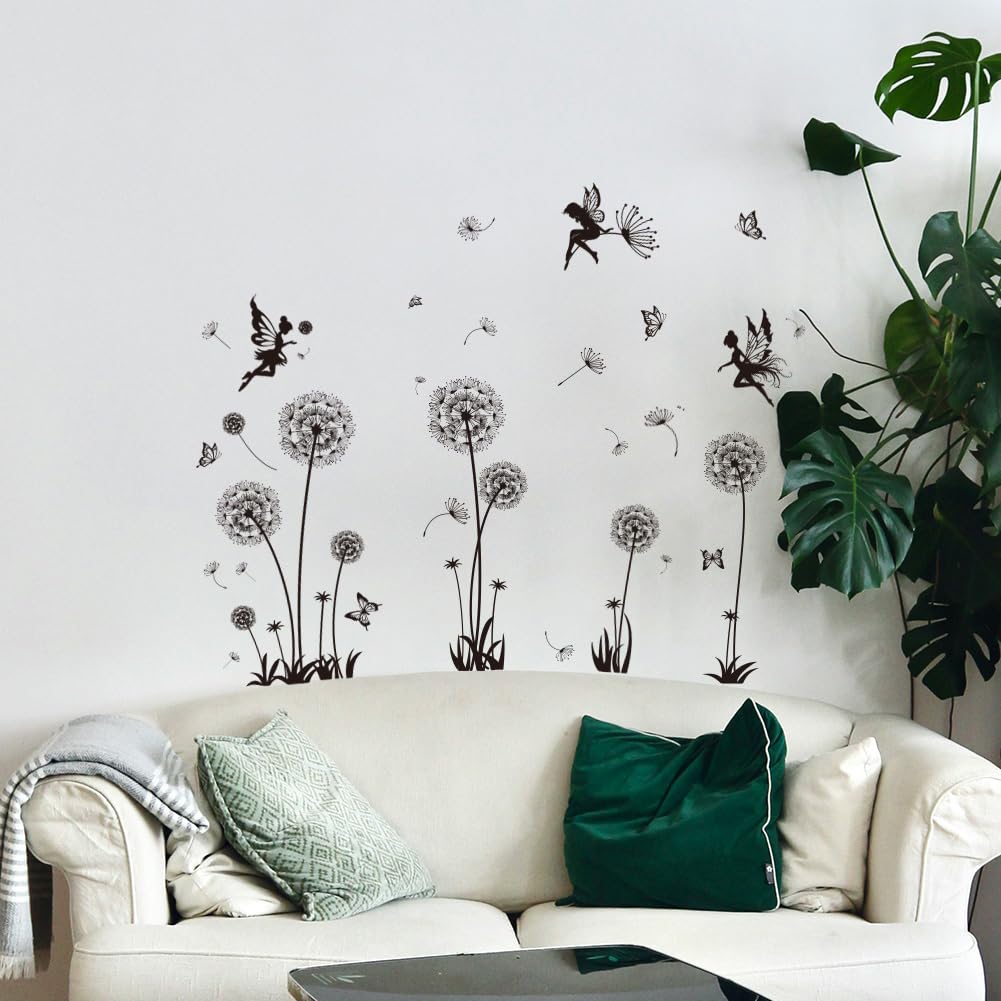 Peacoblue Dandelion and Fairy Wall Stickers Decals Decor Removable Peel and Stick, 3 Sheets 38cm×60cm Vinyl 3D Wall Murals for Bedroom Living Sewing Room Nursery Bathroom Classroom Playroom Home